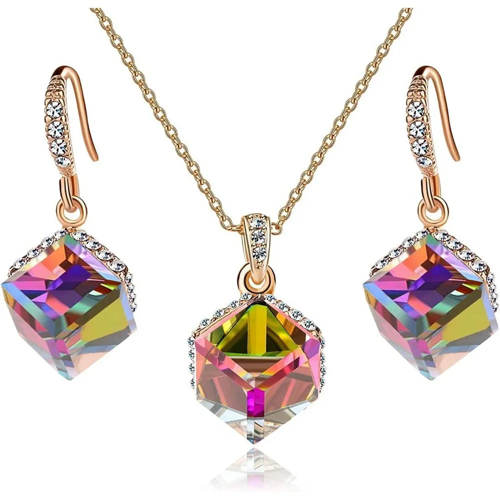 New Colorful Cubic Austrian Crystal Pendant Necklace Earrings for Women … - Picture 6 of 9